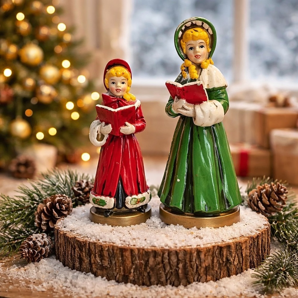Set‎ of 2 Vintage Christmas carol Choir Figurines Japan Unique Orange Hair GUC